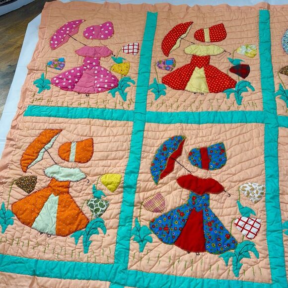 Rare Vintage 40’s Parasol Ladies Sun Bonnet Hand Stitched Quilt Twin 97x53 - Picture 7 of 8